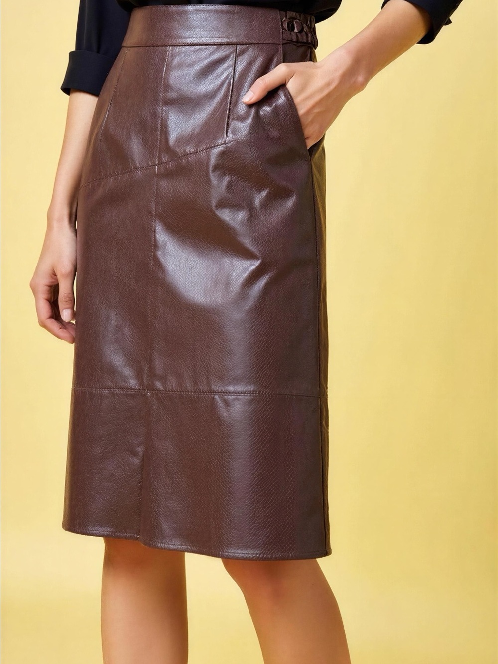 Women's Chocolate Brown Faux Leather A-Line Midi Skirt